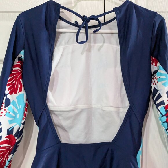 US Polo Assn. Women's Floral Long Sleeve Swimsuit, Navy, Size M (7-9), Tie Back - Picture 7 of 16